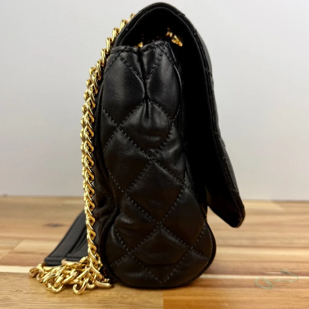 Michael Kors Sloan Quilted Leather Shoulder Bag Black Gold Chain Flap